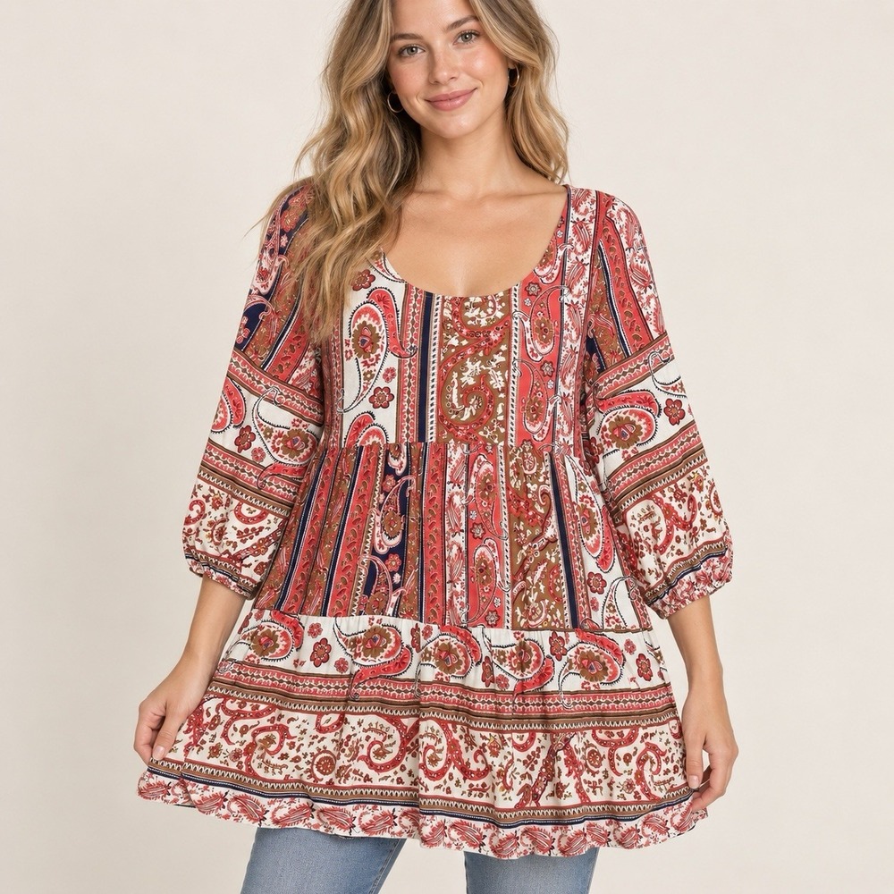 Umgee Womens M Boho Paisley Tunic Dress Strappy Peasant Lagenlook Hippie Flowy
